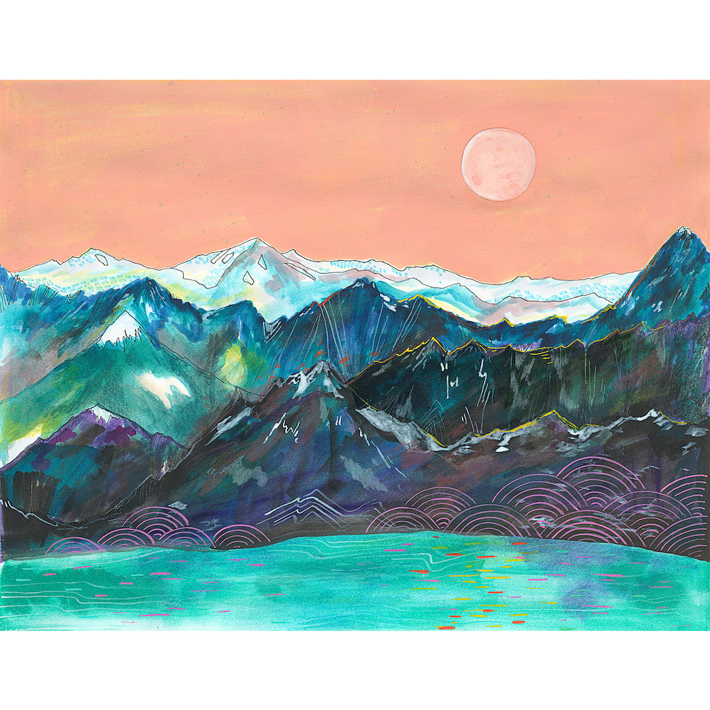 mountains and lake with pink sky