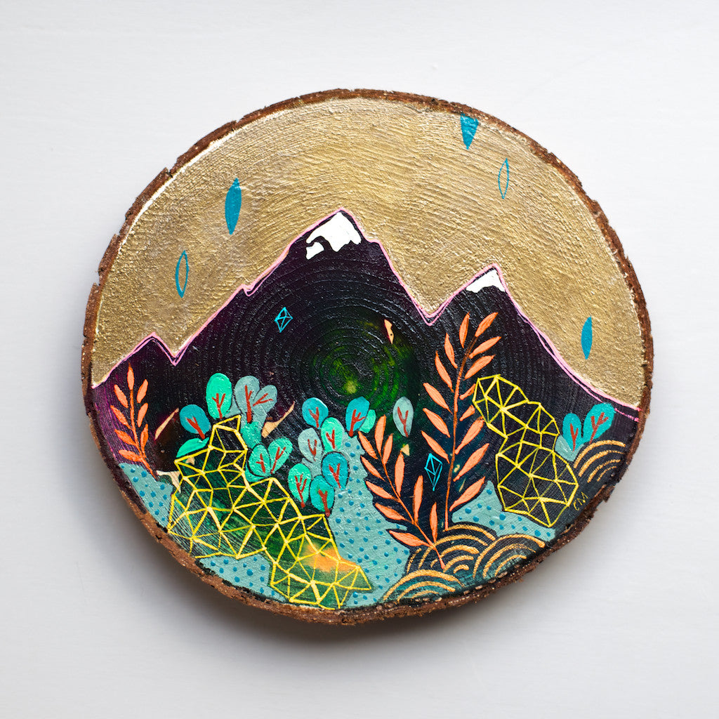 mini mountain painting on cedar round