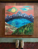 sunset nature landscape painting of mountains, forest, and lake