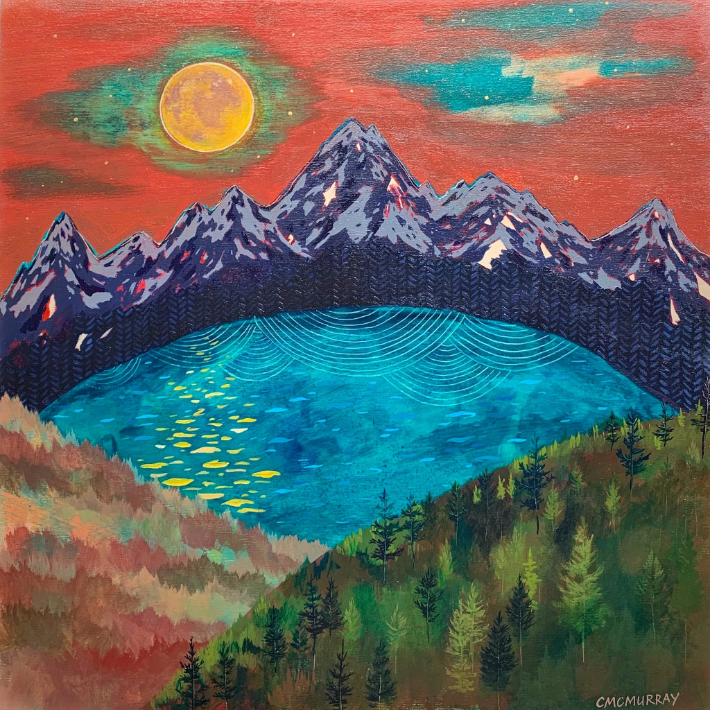 sunset nature landscape painting of mountains, forest, and lake